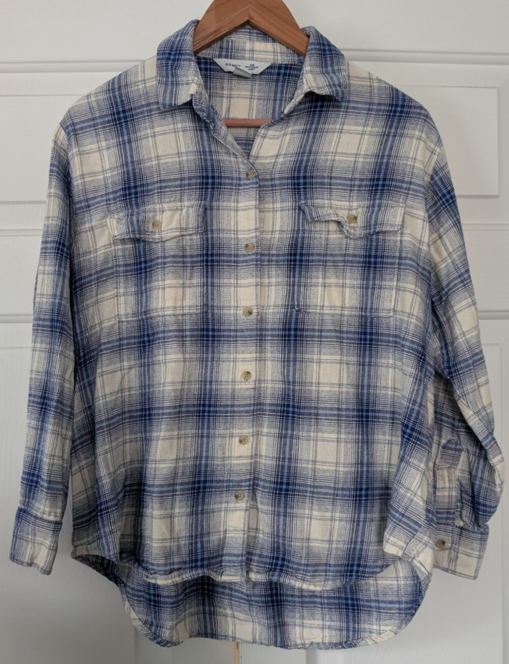 Old Navy Blue White Plaid Flannel Grunge Boyfriend Shirt